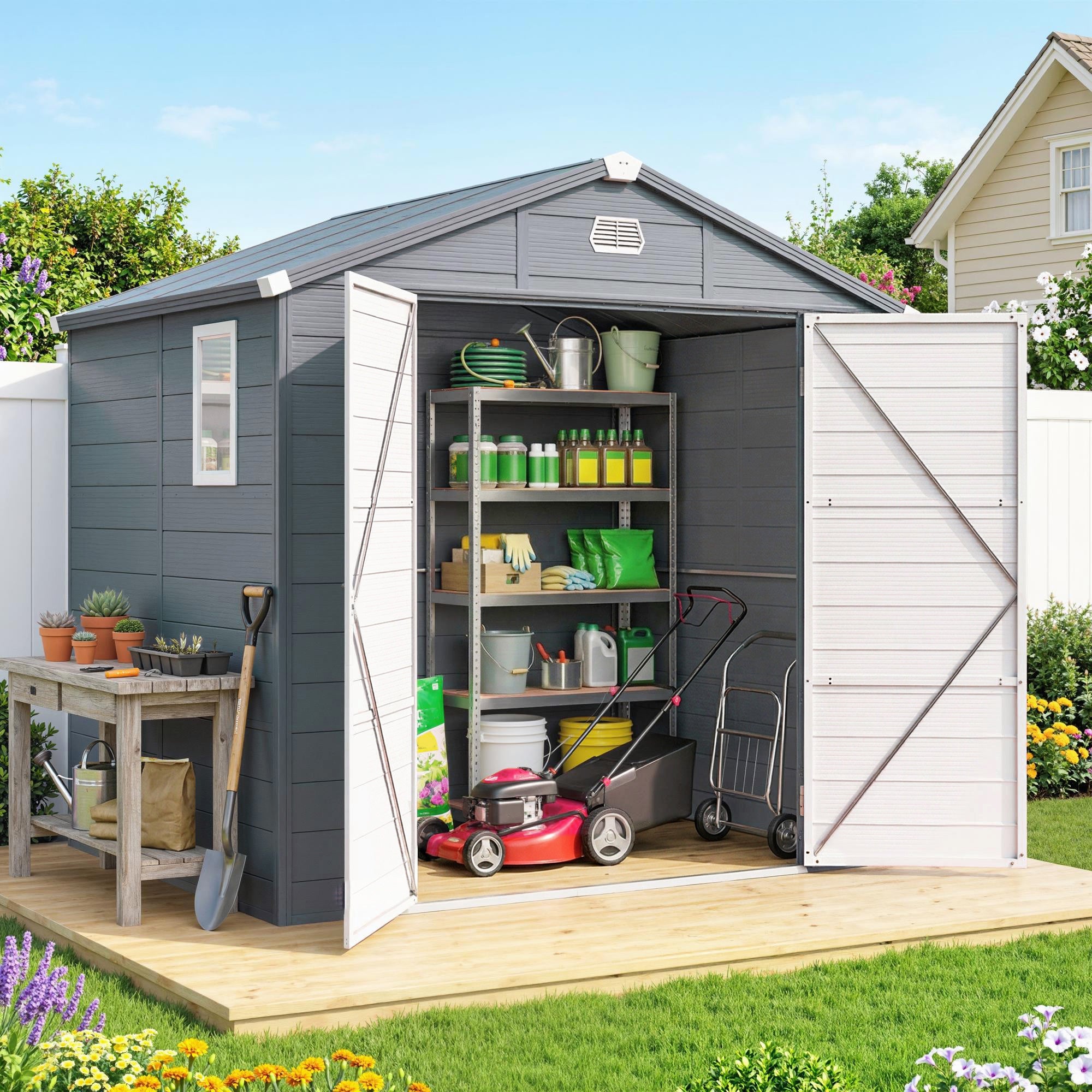 8' x 6' Plastic Garden Storage Shed with Latch Door, Vents, Sloped Roof, Dark Grey