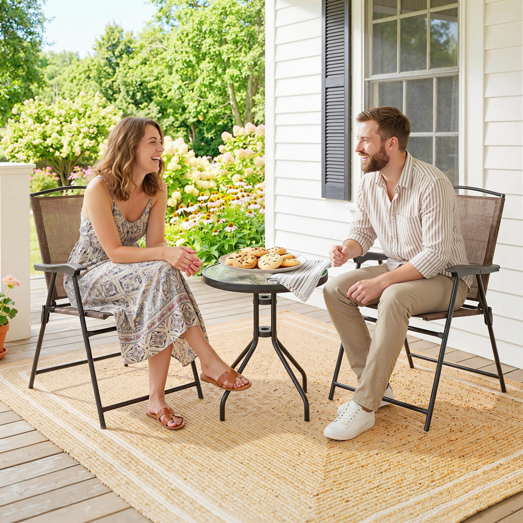 Folding Outdoor Bistro Set, Patio Table and Chairs with Reclining Backrest and Round Dining Table, Brown