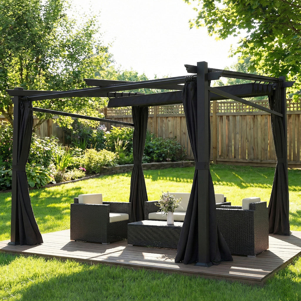 Metal Pergola with Sliding Roof Canopy, Retractable Pergola Canopy, 10' x 10', Black