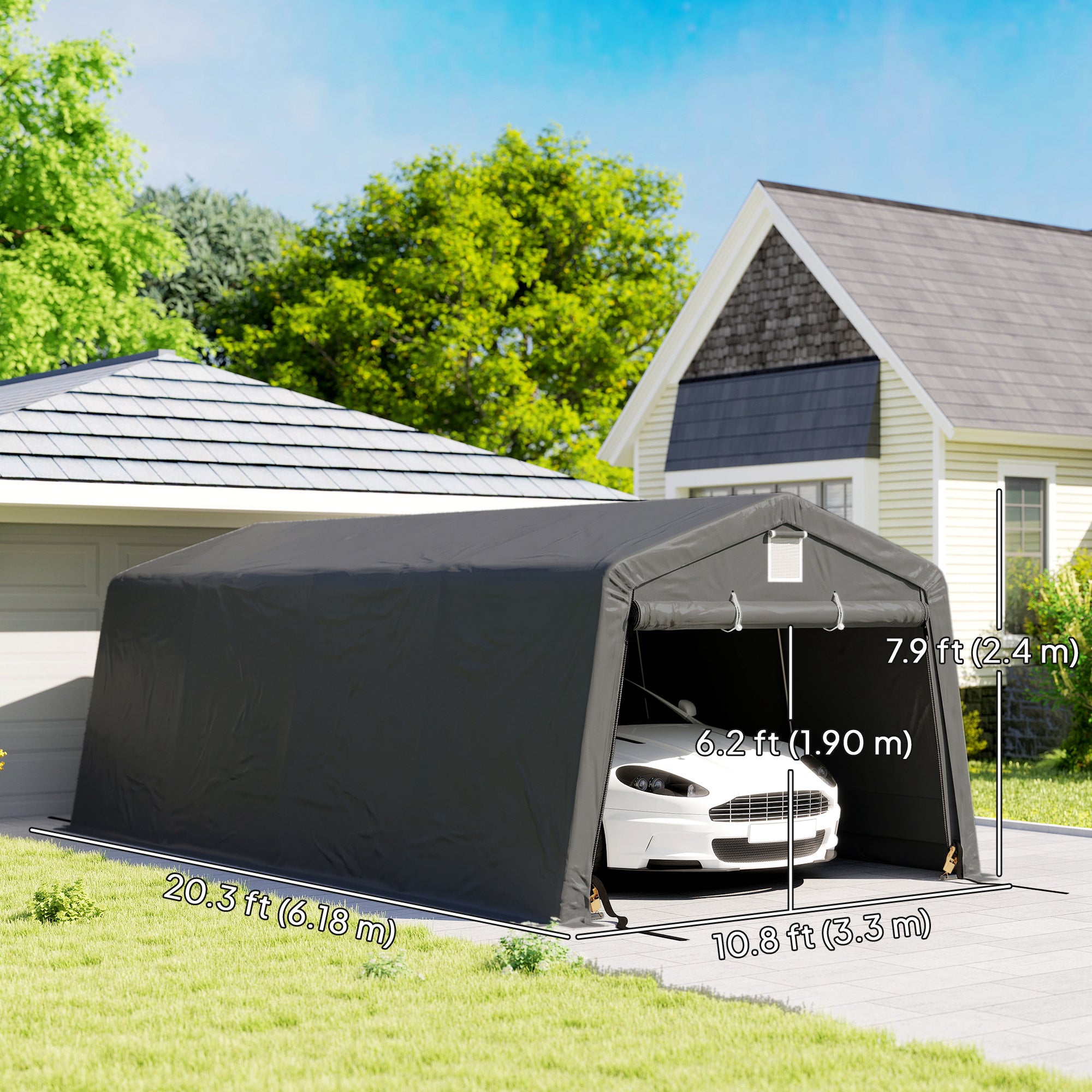 11' x 20' Portable Garage, Heavy Duty Carport Canopy with Ventilation Windows and Large Roll-up Door, Dark Grey