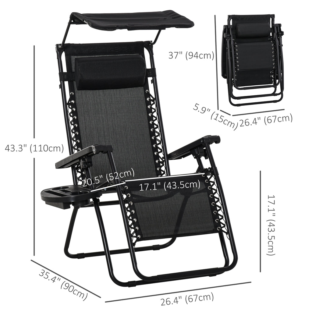 Outdoor Zero Gravity Reclining Lounger Chair with Canopy Shade, Side Tray, Cupholder, Black