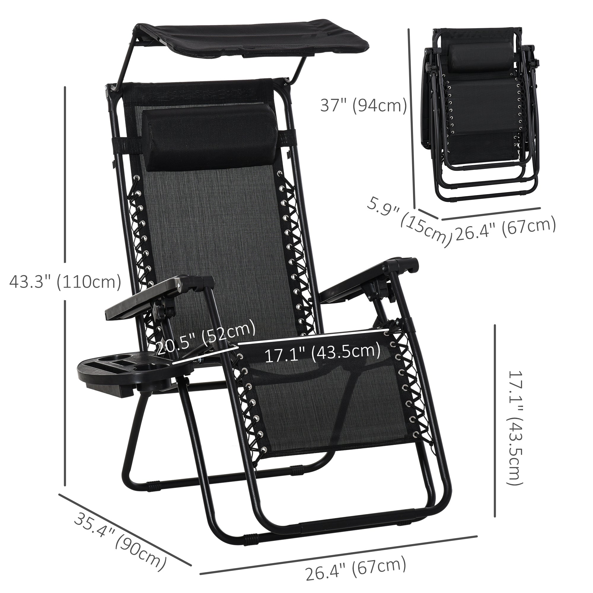 Outdoor Zero Gravity Reclining Lounger Chair with Canopy Shade, Side Tray, Cupholder, Black