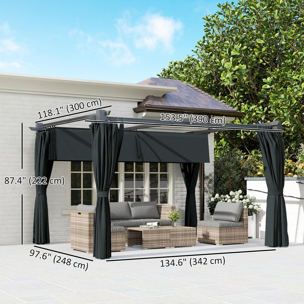 10' x 13' Pergola with Retractable Canopy and Curtains, UPF30+ Sun Shade Shelter for Grill, Garden, Backyard, Deck