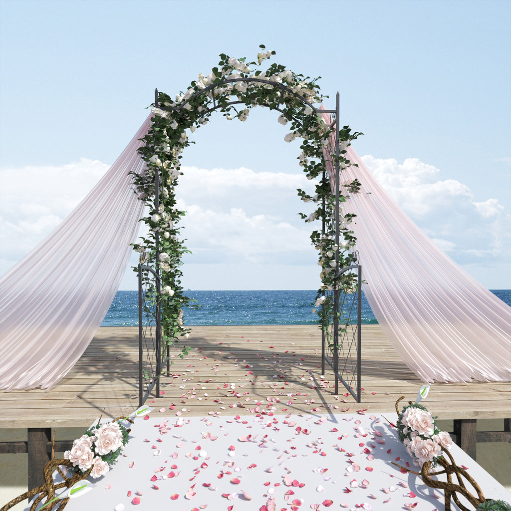 7FT Metal Garden Arch with Gate Climbing Planter Frame Backyard Decor for Vines Morning Glory Black