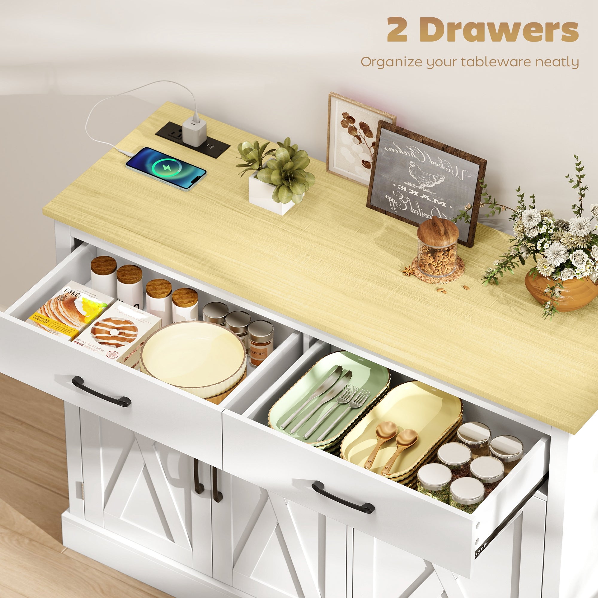 7 Gallon Tilt Out Garbage Cabinet, Kitchen Island with Charging Station, 2 Drawers, 4 Door Racks, White