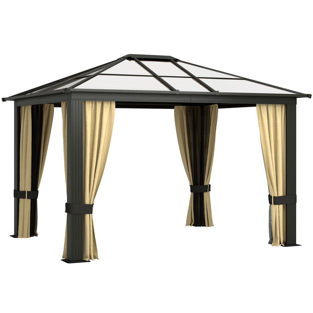 10' x 12' Hardtop Gazebo Canopy with Polycarbonate Roof, Aluminum Frame, Netting, Curtains and Ceiling Hook, Brown