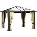 10' x 12' Hardtop Gazebo Canopy with Polycarbonate Roof, Aluminum Frame, Netting, Curtains and Ceiling Hook, Brown