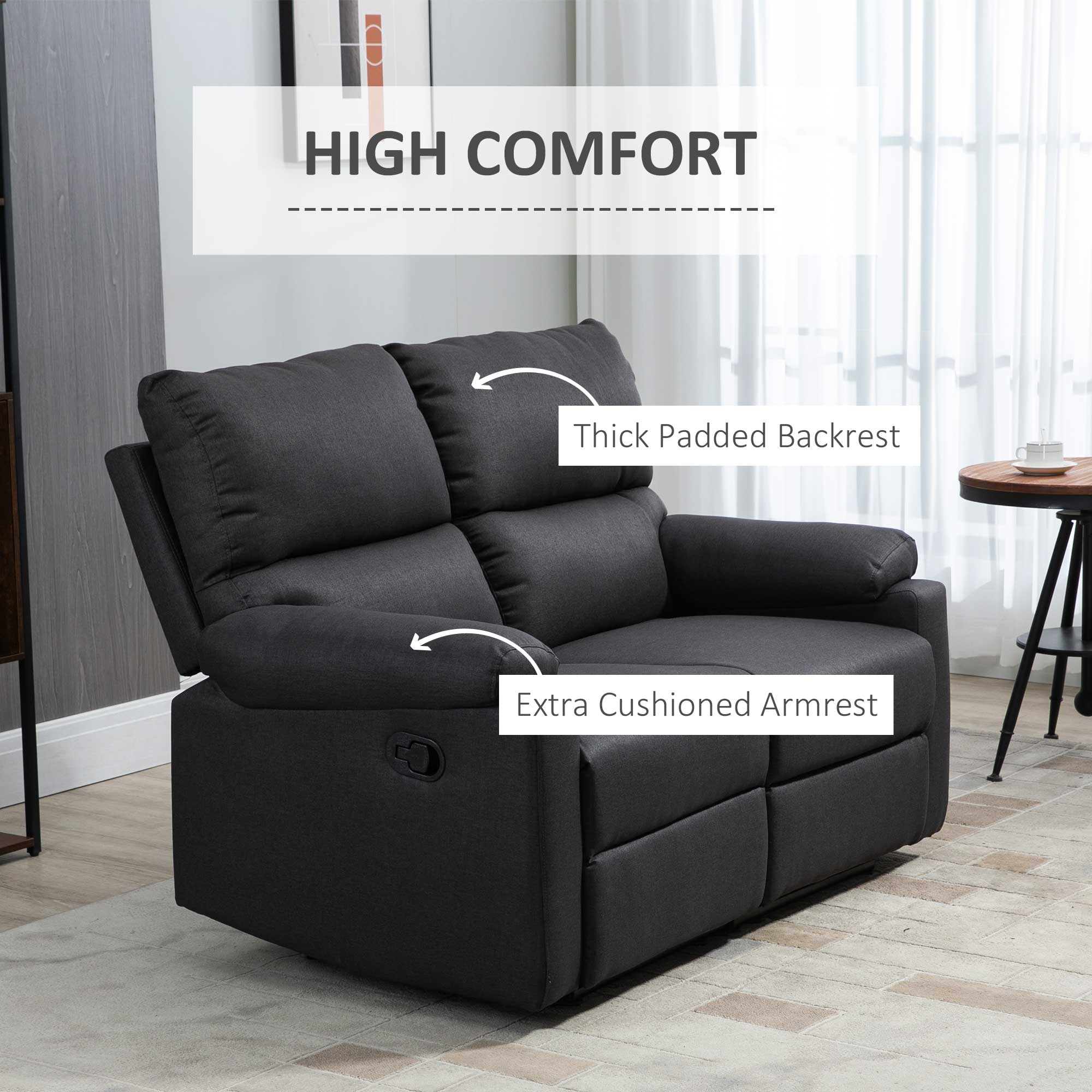 2 Seater Reclining Chair, Loveseat Recliner Sofa with Footrest and Split Backrest, Dark Grey
