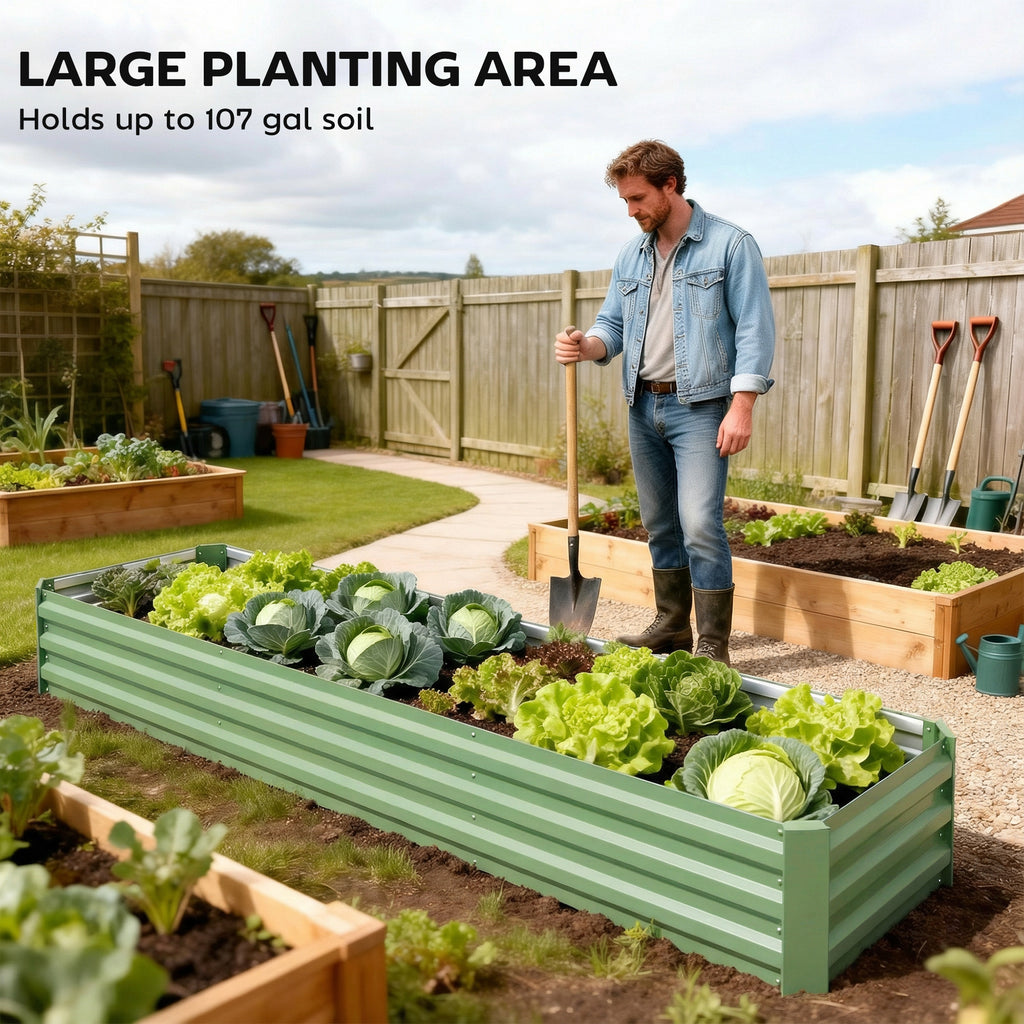 8'x2'x1' Galvanized Raised Bed, Large Elevated Planter Box for Growing Flowers, Herbs and Vegetables, Light Green