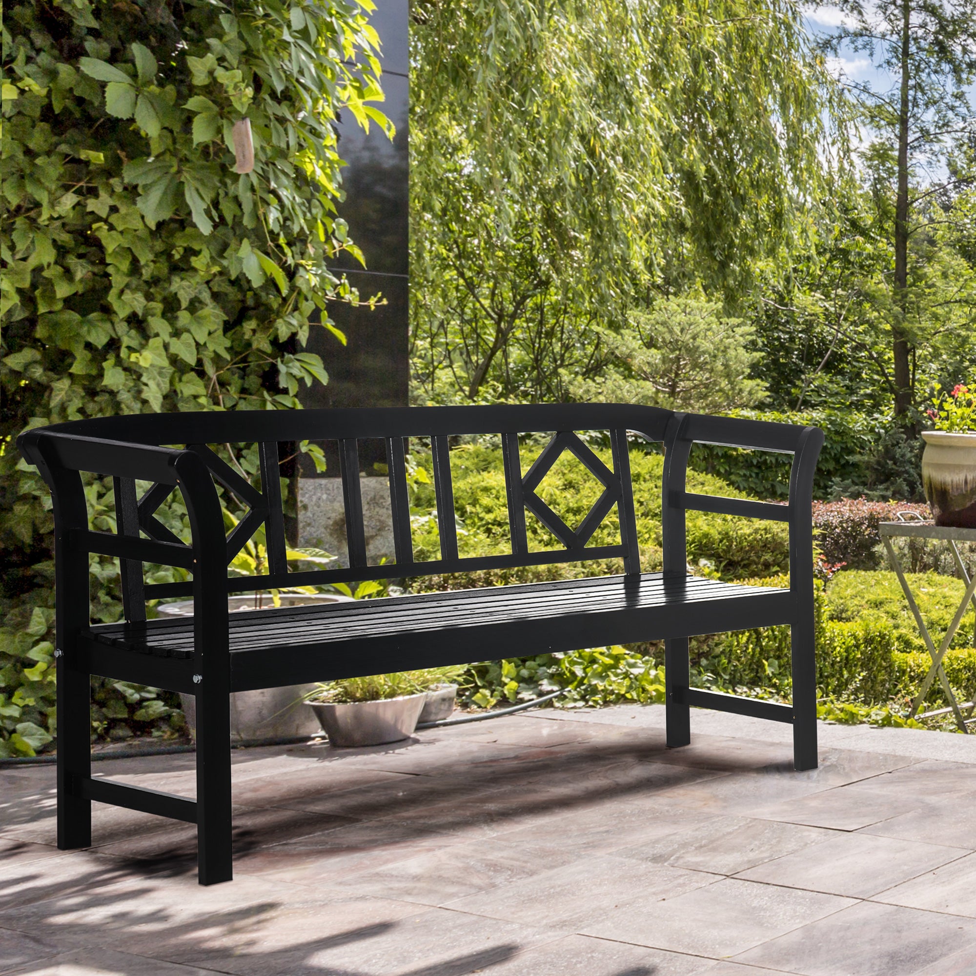 Wooden Outdoor Bench, 3 Person Patio Garden Bench with Diamond Pattern Backrest, Slatted Seat, 792 LBS Capacity, Black