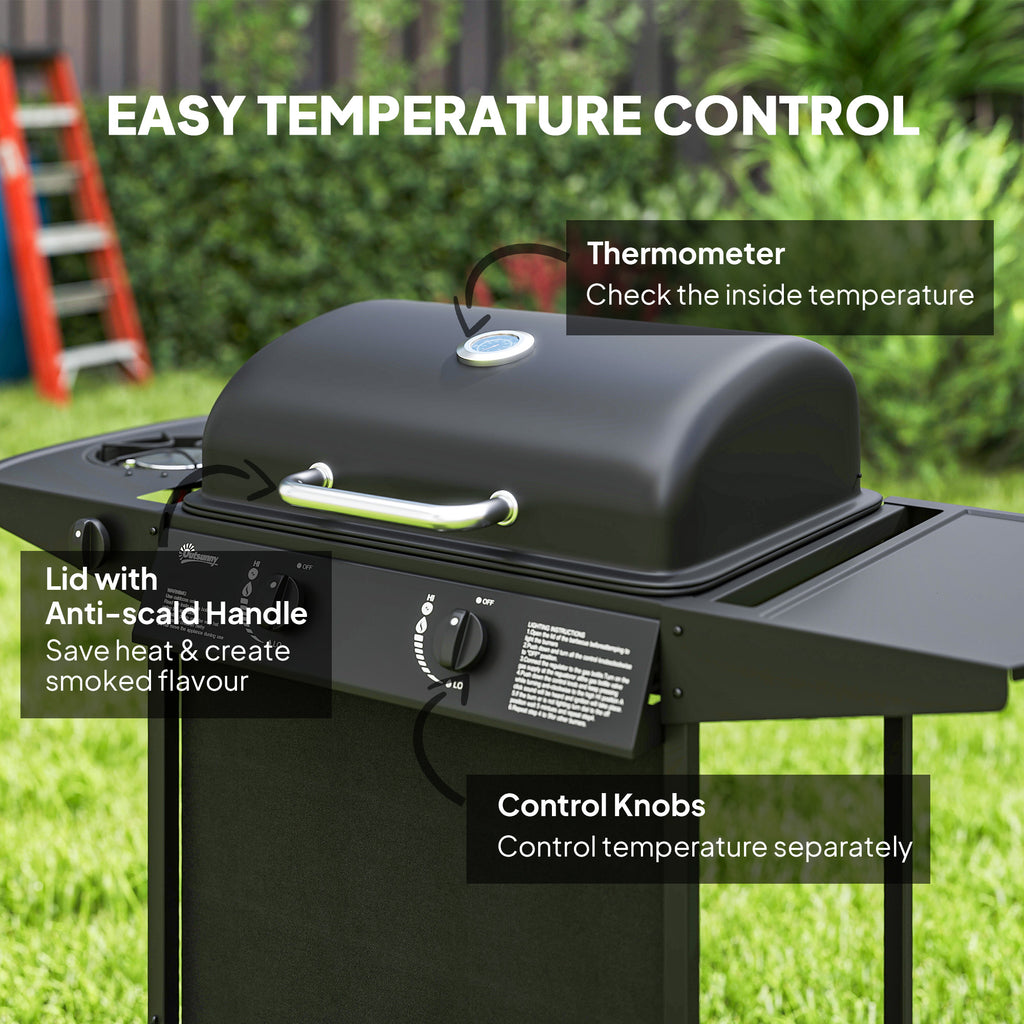 2+1 Burner Propane Gas BBQ Grill, Portable Gas Barbecue Grill with Side Burner, Thermometer, Lid, Side Table, Shelf, Spice Rack, Wheels, Grease Cup for Garden, Black