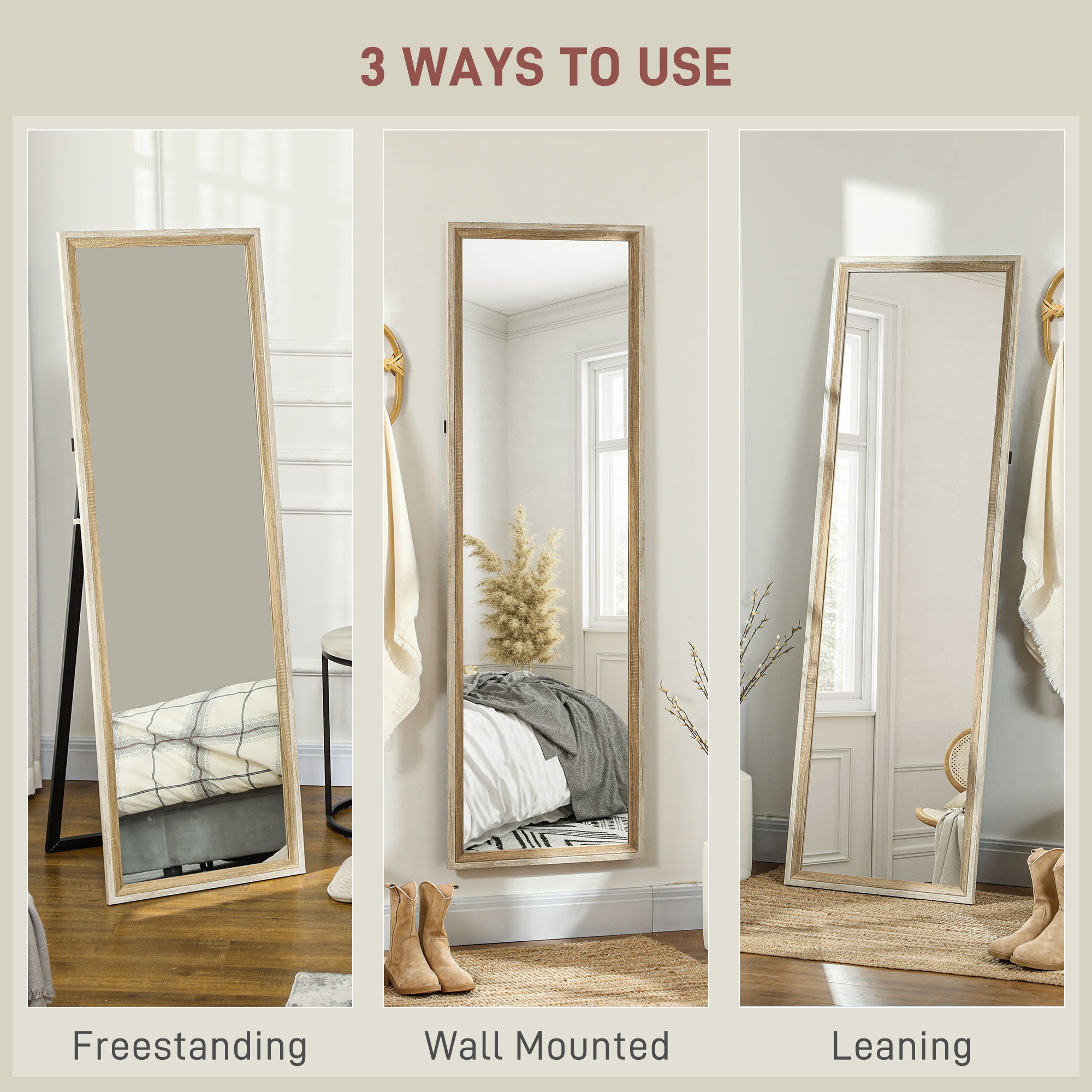 Floor Standing Mirror, Full Length Mirror, Free Standing, Leaning or Wall Mirror with Frame for Bedroom, Dark Wood Grain
