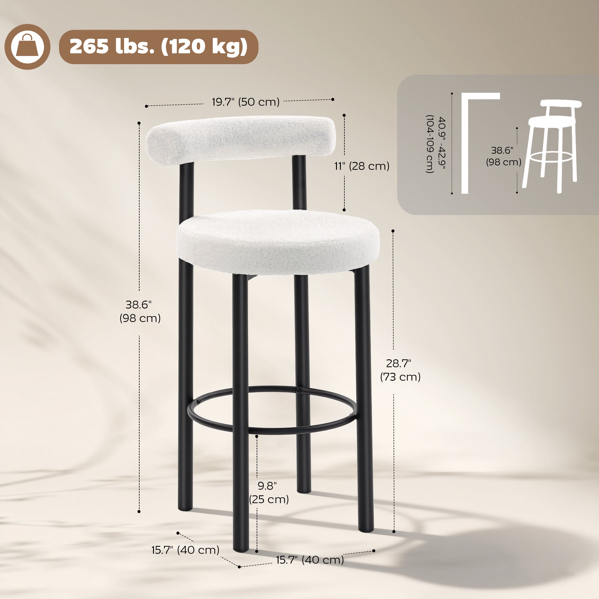 Bar Stools Set of 2, Sherpa Upholstered Barstools with Backrest, Bar Height Stools with Footrest for Kitchen Island