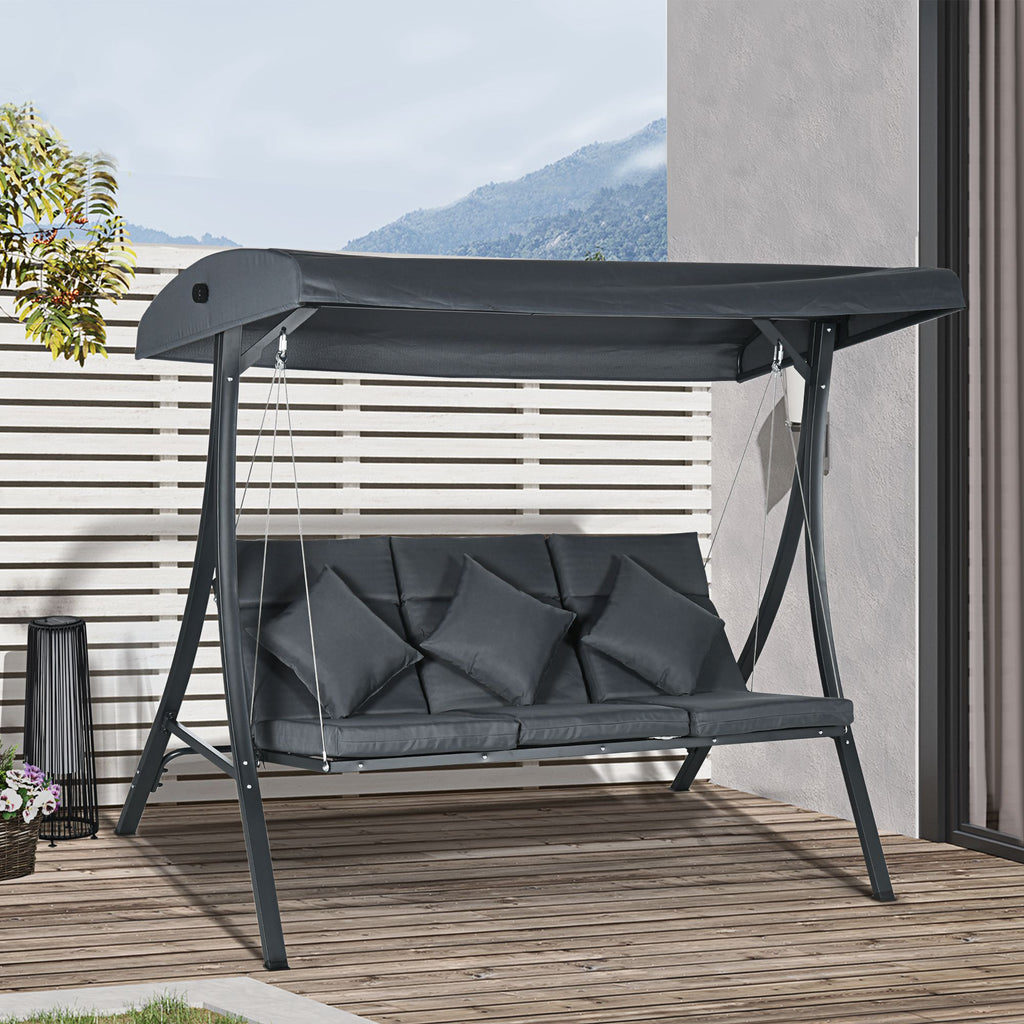 3-Person Patio Swing Chair, Outdoor Porch Swing Bench with Adjustable Canopy, Cushioned Seat, Dark Grey