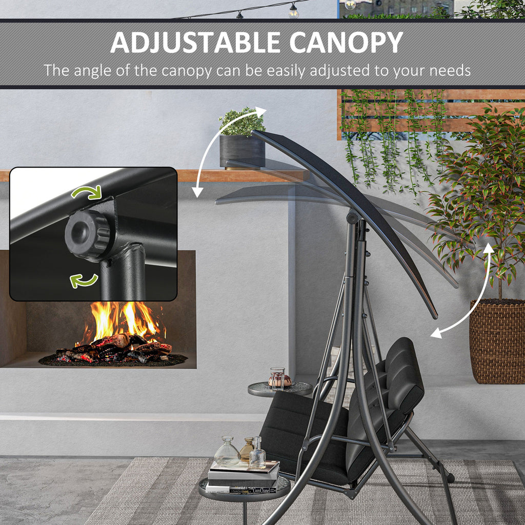 3-Seat Outdoor Swing Chair Steel Swing Bench with Adjustable Canopy & Coffee Tables & Cushion for Patio Garden, Black