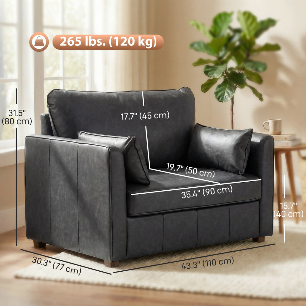 Accent Chair, PU Leather Armchair with Wide Seat, Spring Cushion, Rubberwood legs, 2 Pillows, Black