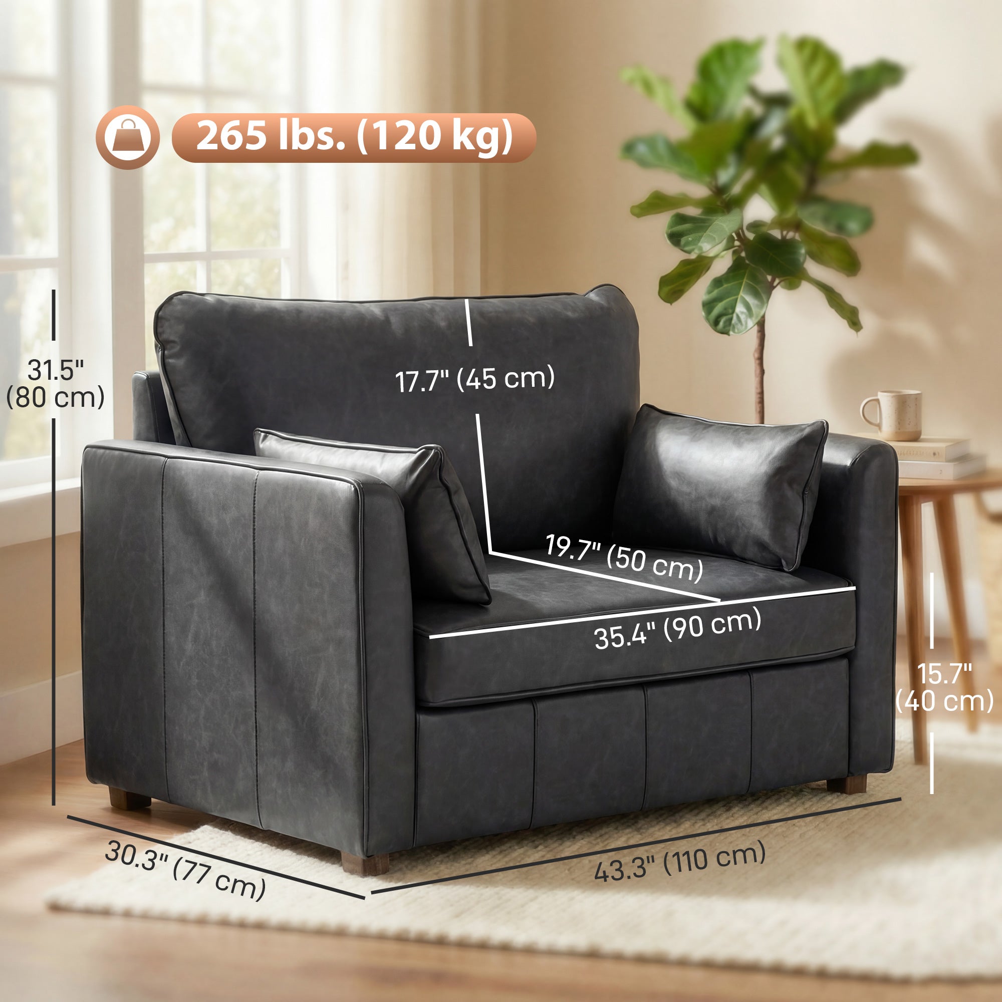 Accent Chair, PU Leather Armchair with Wide Seat, Spring Cushion, Rubberwood legs, 2 Pillows, Black