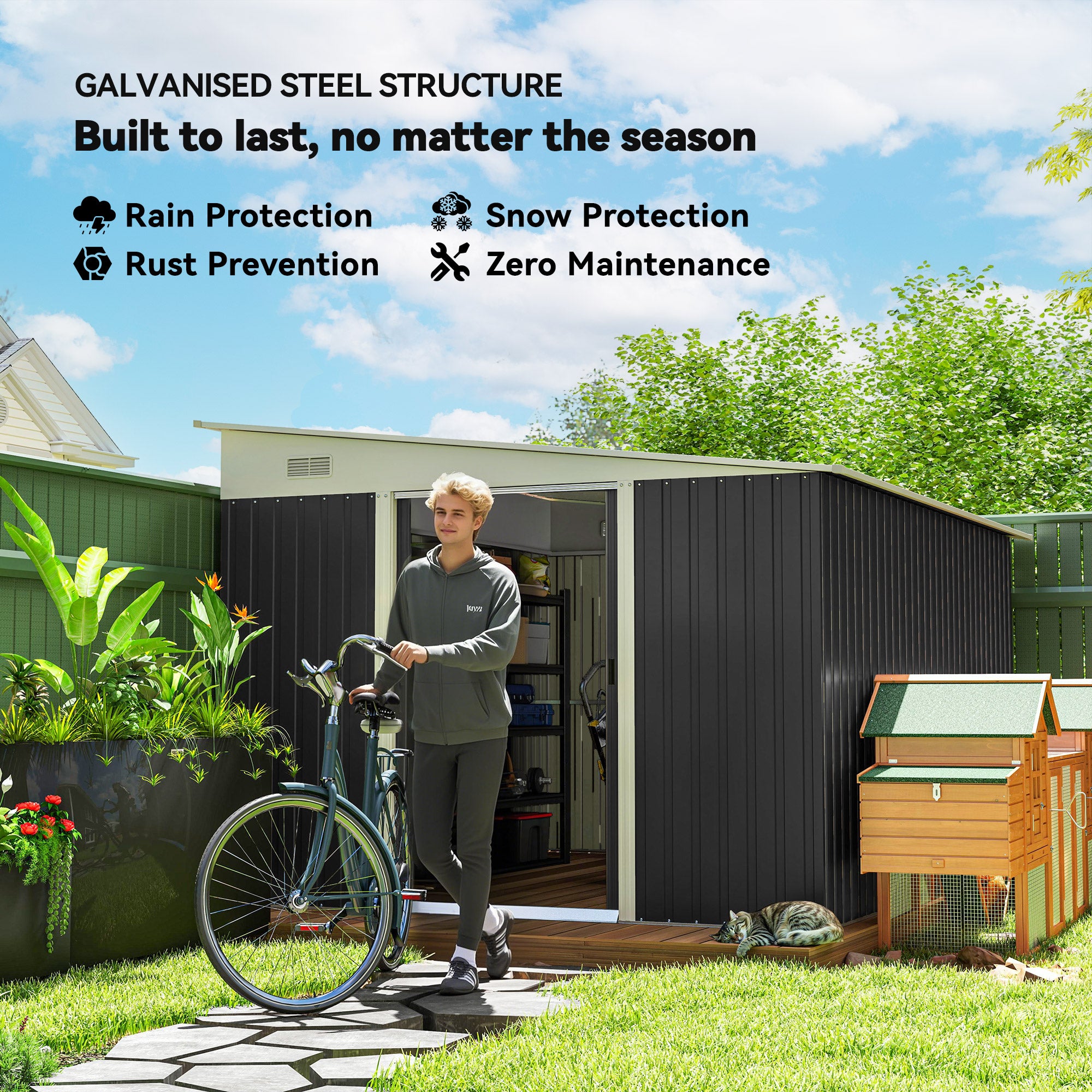 11' x 9' Steel Garden Storage Shed, Outdoor Metal Tool House with Double Sliding Doors, Dark Grey