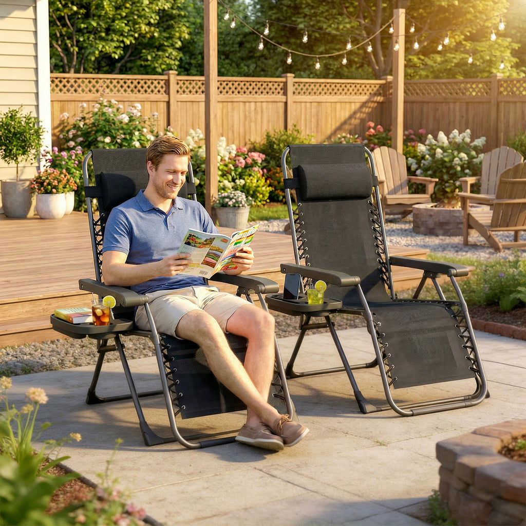 Zero Gravity Chair Set of 2, Folding Reclining Outdoor Lounge Chair with Cup Holder, Headrest, Black