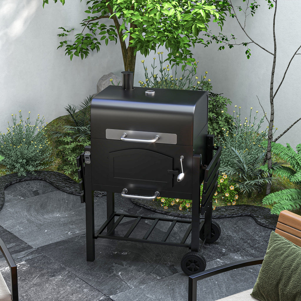Charcoal Smoker Adjustable Height, Folding Shelves, Thermometer, and Wheels, Black