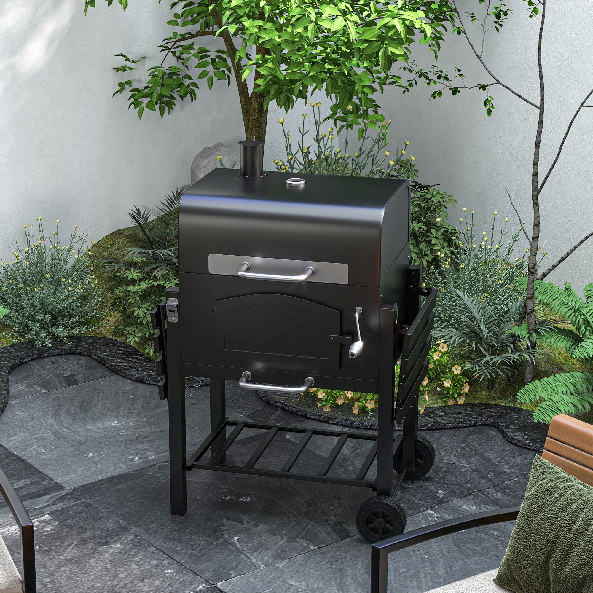 Charcoal Smoker Adjustable Height, Folding Shelves, Thermometer, and Wheels, Black
