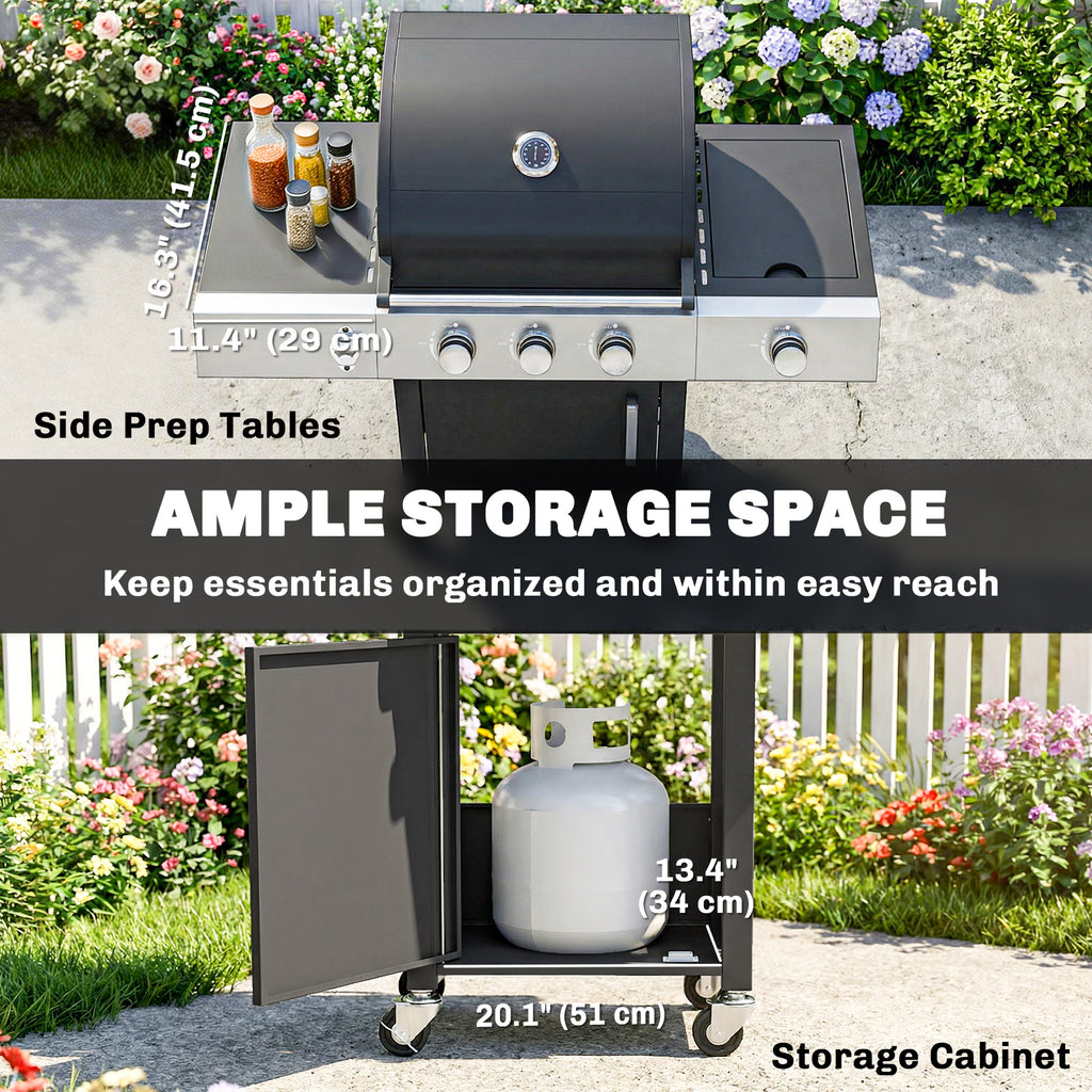 3 Burner Propane Gas Grill with Side Burner, 36,000 BTU BBQ Grill with Cast Iron Grates, Wheels, Warming Rack, Cabinet