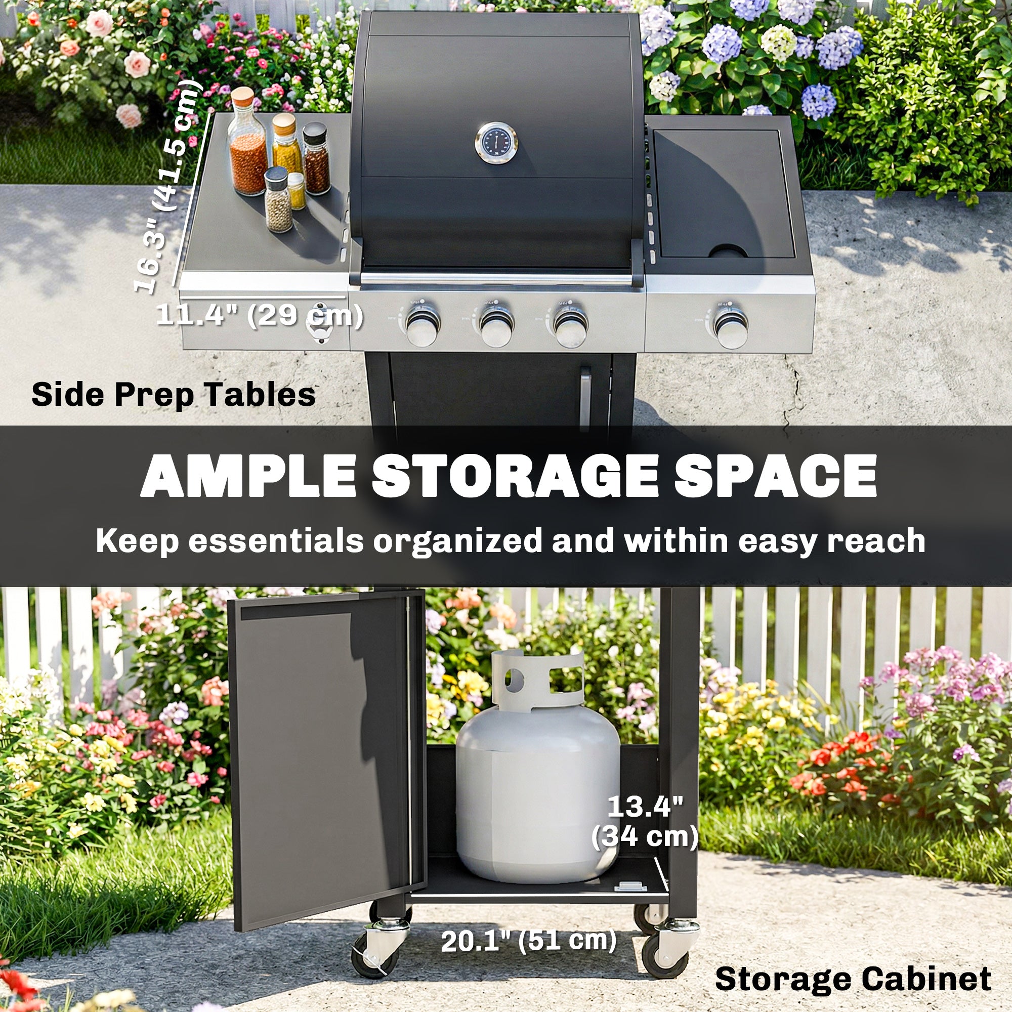 3 Burner Propane Gas Grill with Side Burner, 36,000 BTU BBQ Grill with Cast Iron Grates, Wheels, Warming Rack, Cabinet