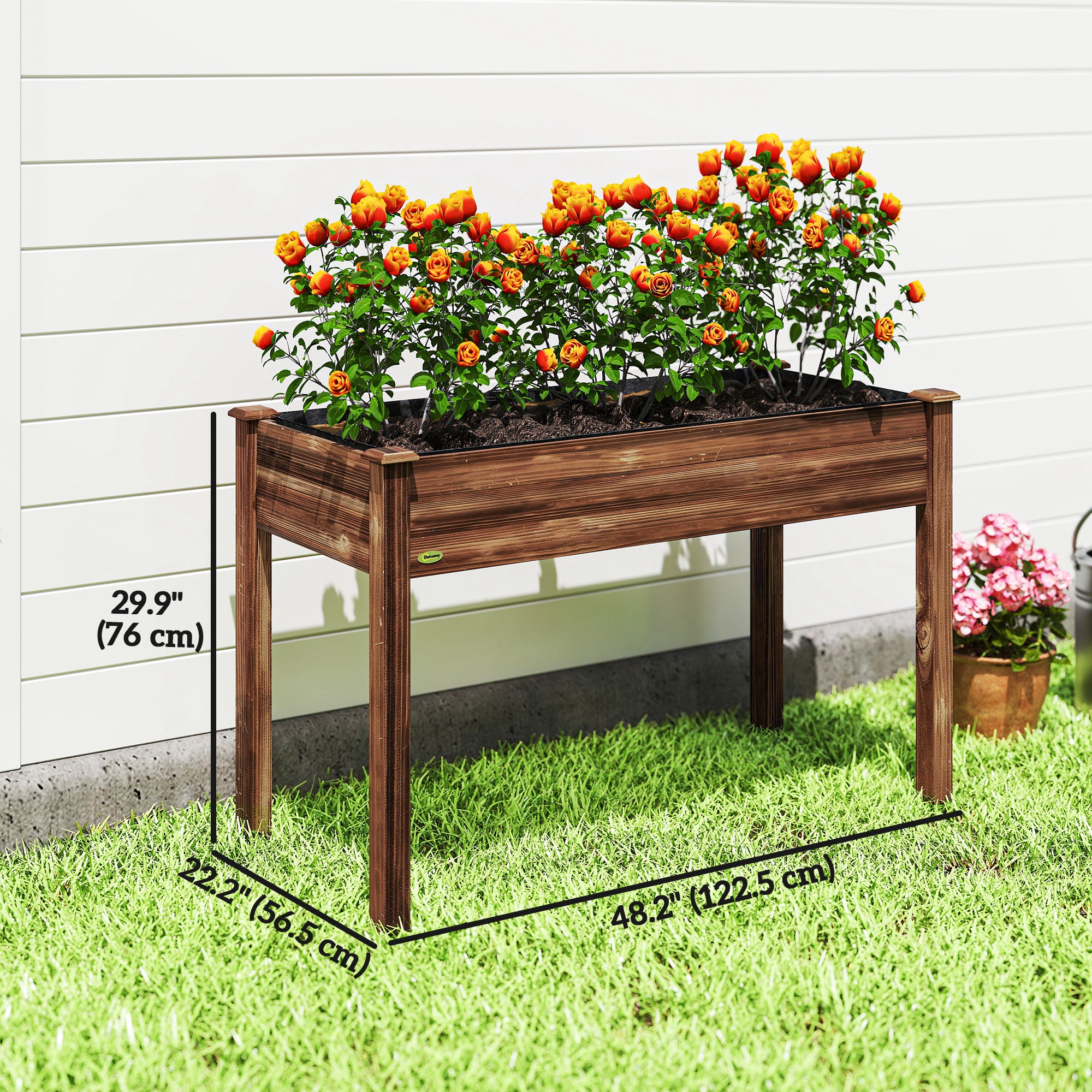 48" x 22" x 30" Wooden Patio Raised Garden Bed Planter, Elevated Planter Box with Legs, Carbonized