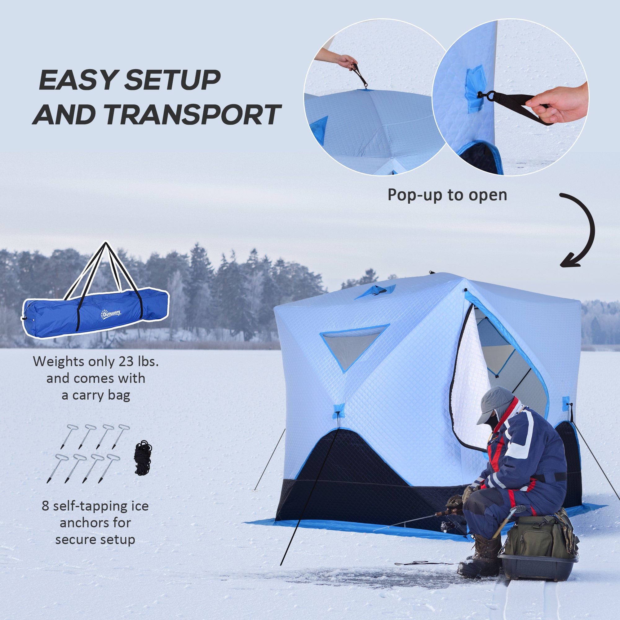4-Person Pop-up Ice Fishing Tent, Insulated Ice Fishing Shelter with Ventilation Windows, Double Doors and Carry Bag, for Low-Temp -22â„‰