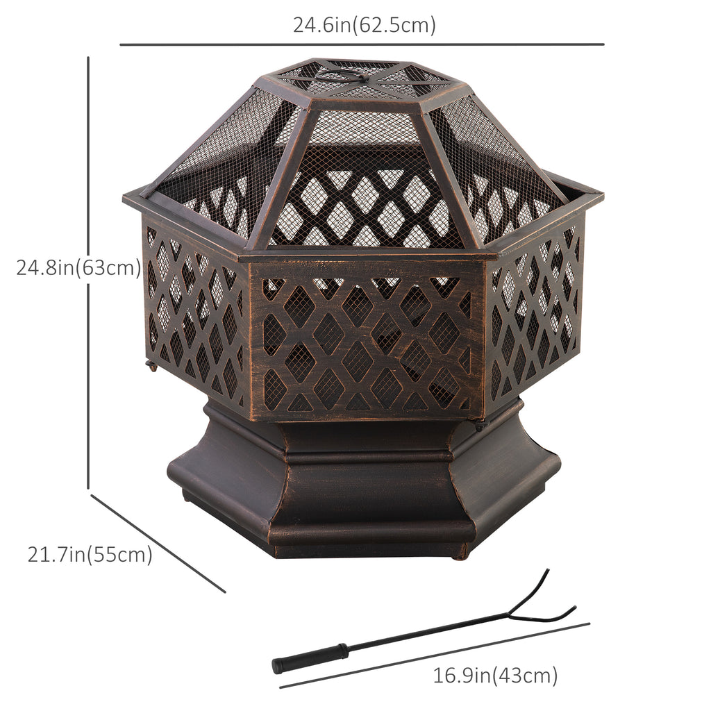24.5" Outdoor Fire Pit with Mesh Lid, Portable Wood Burning Firebowl with Poker for Patio, Backyard, Bronze