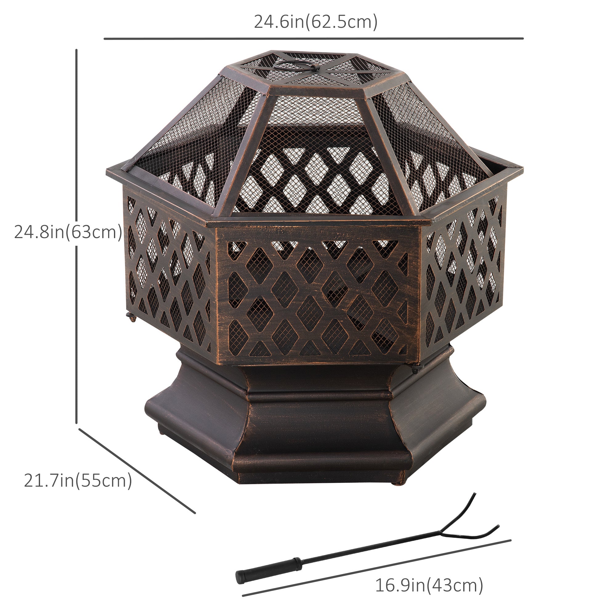 24.5" Outdoor Fire Pit with Mesh Lid, Portable Wood Burning Firebowl with Poker for Patio, Backyard, Bronze