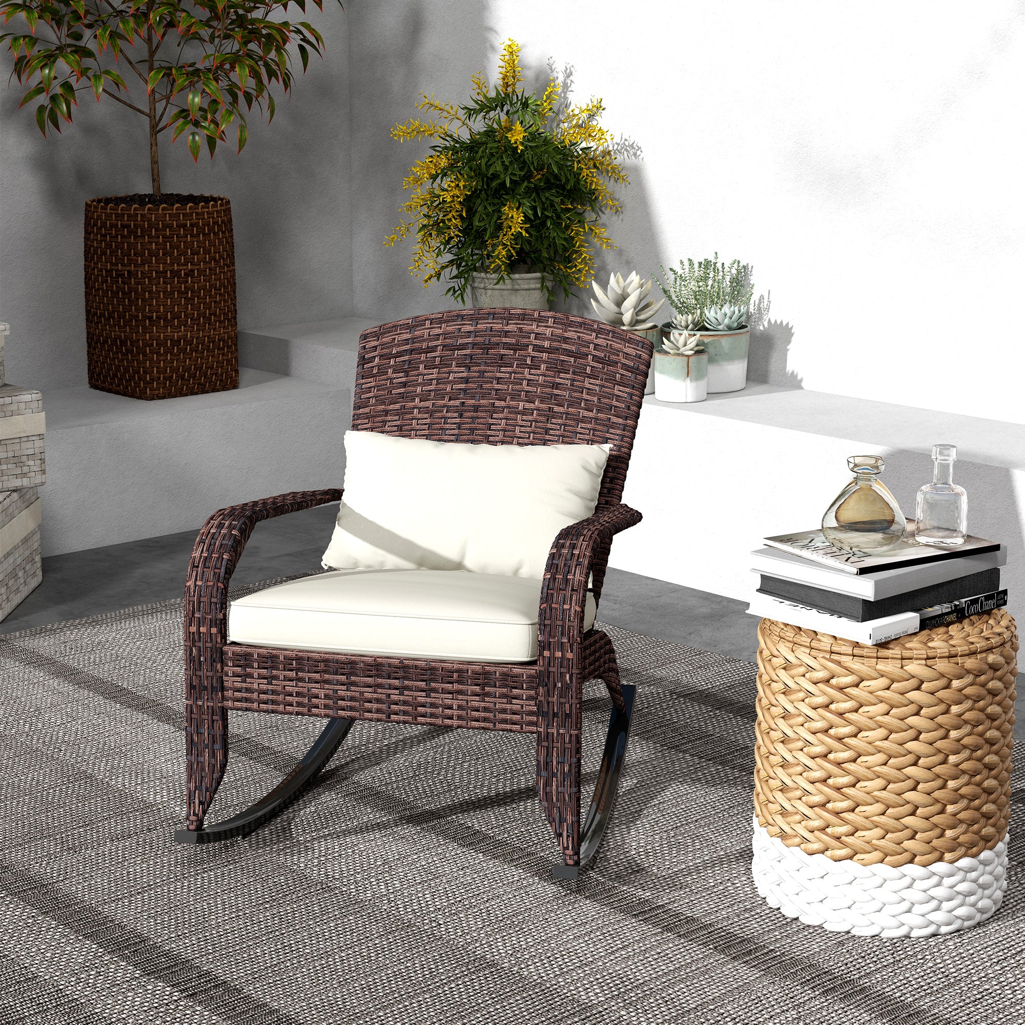 Adirondack Chair, Outdoor Wicker Rocking Chair with High Back, Seat Cushion and Pillow for Porch, Balcony, Cream/Brown
