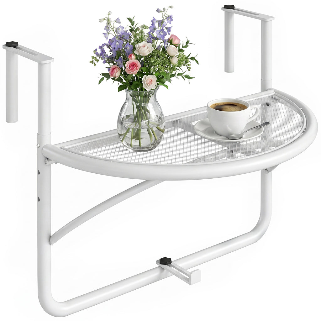 Adjustable Balcony Hanging Railing Table, Metal Mounting Mini Wall Desk Storage Rack, Outdoor Flower Stand Serving Table Half Round, White