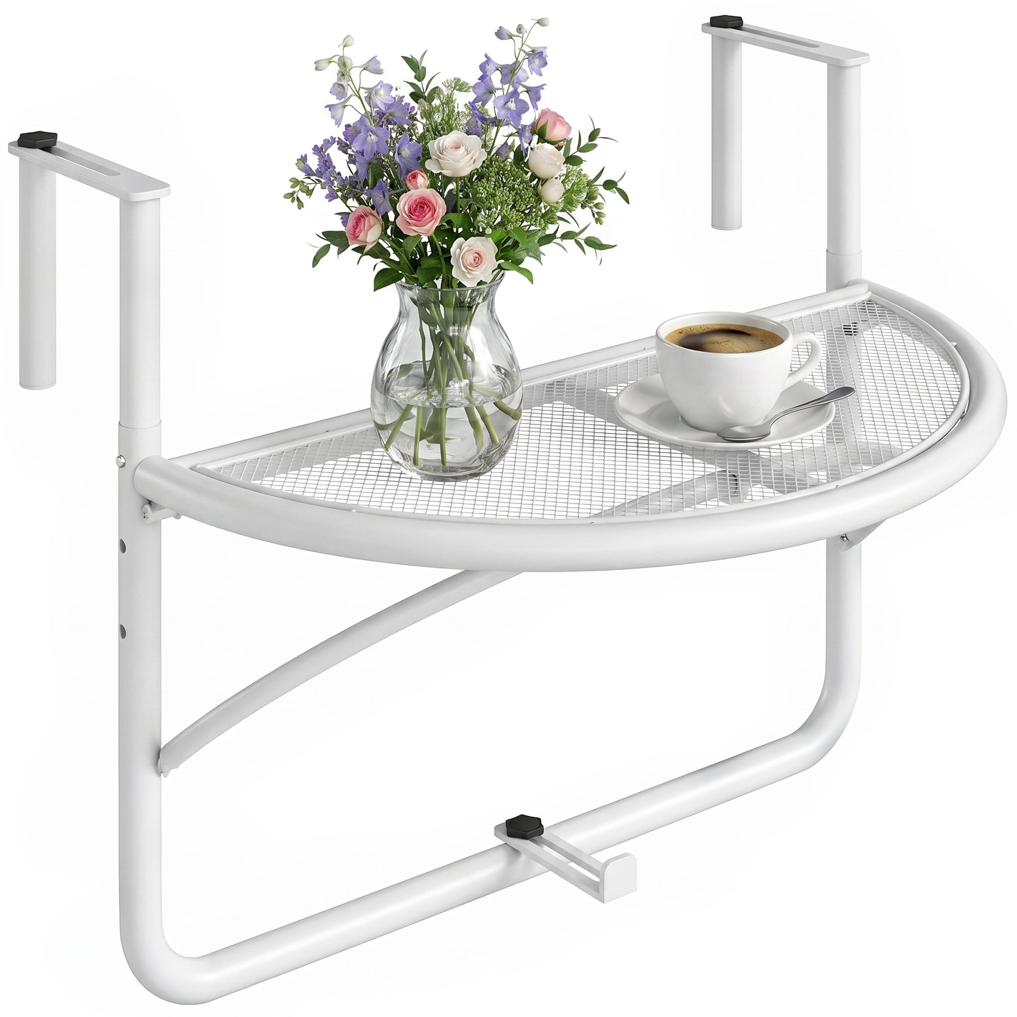 Adjustable Balcony Hanging Railing Table, Metal Mounting Mini Wall Desk Storage Rack, Outdoor Flower Stand Serving Table Half Round, White
