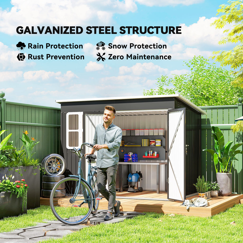 8.5' x 6' Galvanised Steel Outdoor Storage Shed, Garden Shed with Window, Lockable Wide Doors and Air Vents, Dark Grey