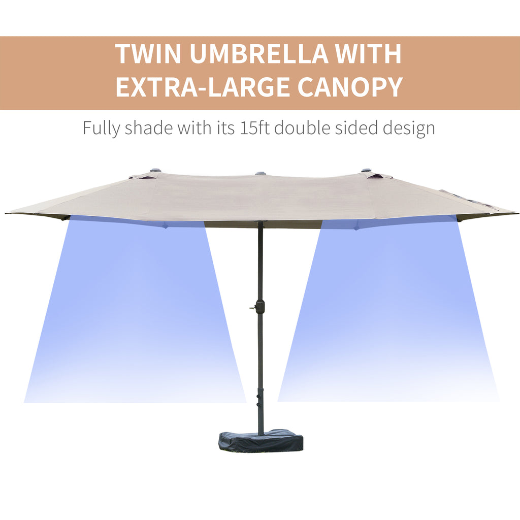 15' Outdoor Patio Umbrella with Twin Canopy Sunshade Steel Table Umbrella w/ Lift Crank, Cross base, Sandbag, Light Grey