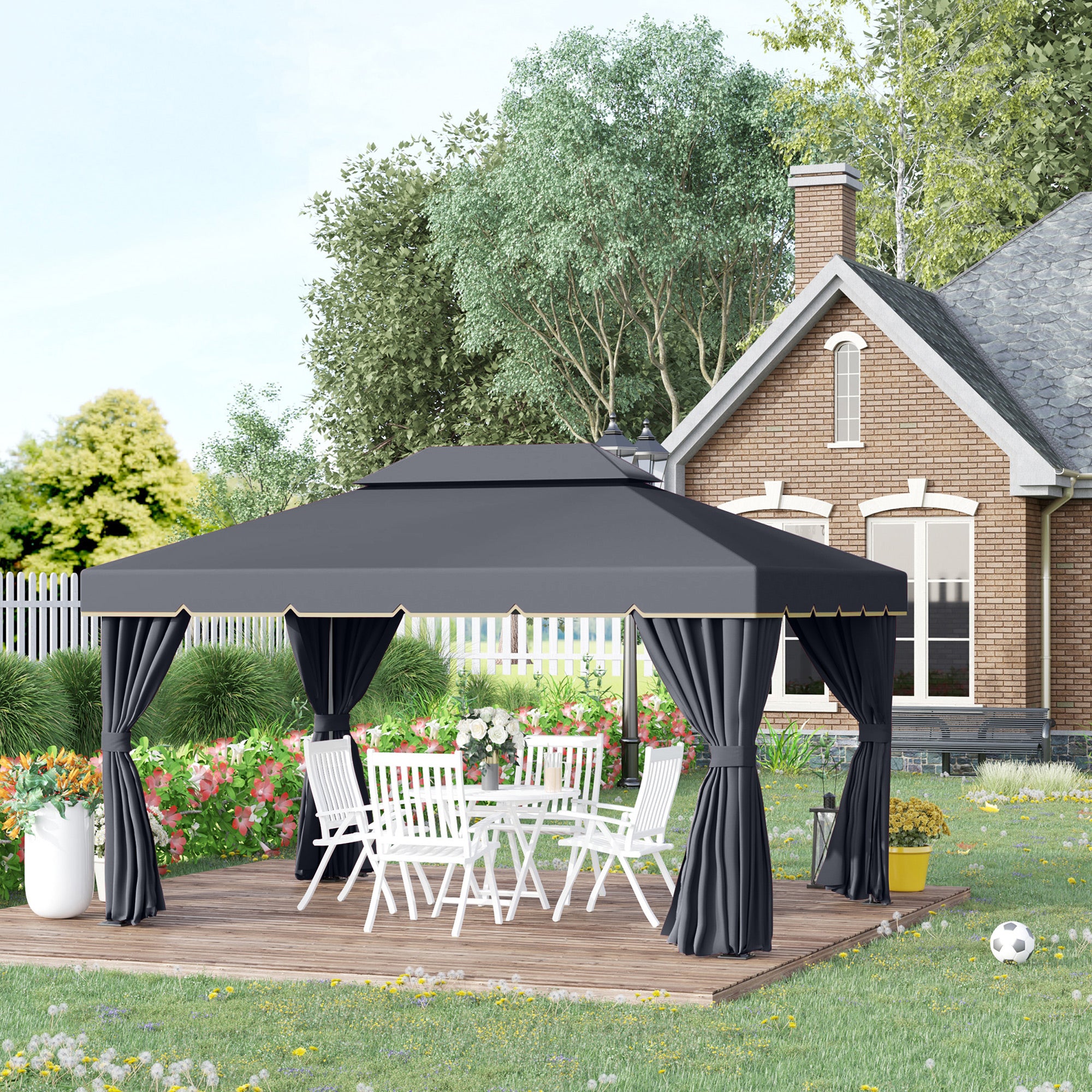 13' x 10' Patio Gazebo, DoubleÂ Roof Outdoor Gazebo Canopy Shelter with Netting & Curtains, Strong Aluminum Frame, Black