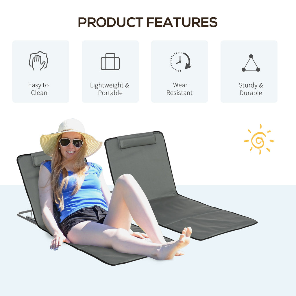 Set of 2 Sun Lounger Beach Mat Folding Lounge Chair Mat with Adjustable Back Steel Frame Head Pillow Carry Bag Grey