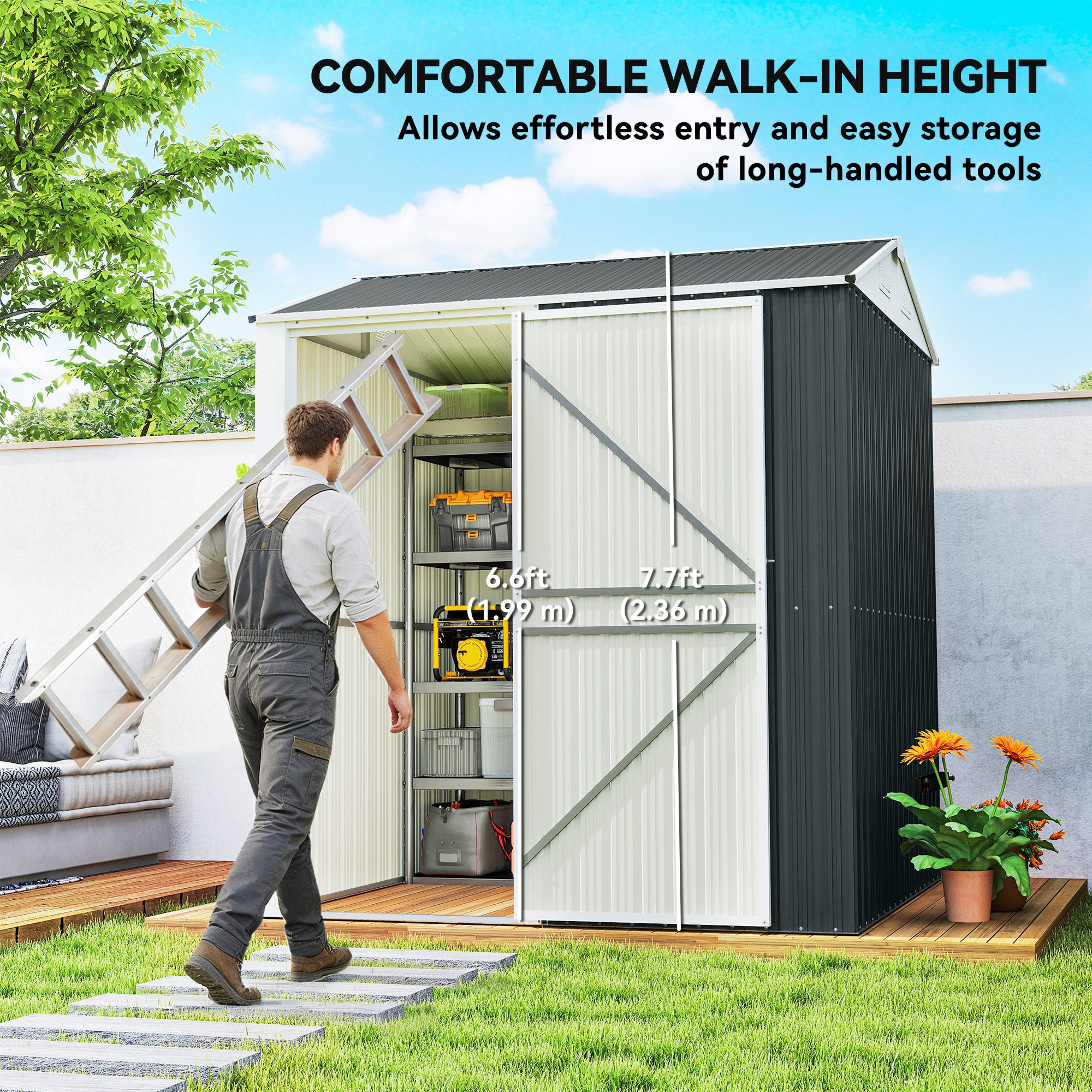 7' x 6' Tall Outdoor Storage Shed, Waterproof Metal Garden Shed with Gloves, Lockable Door, Dark Grey