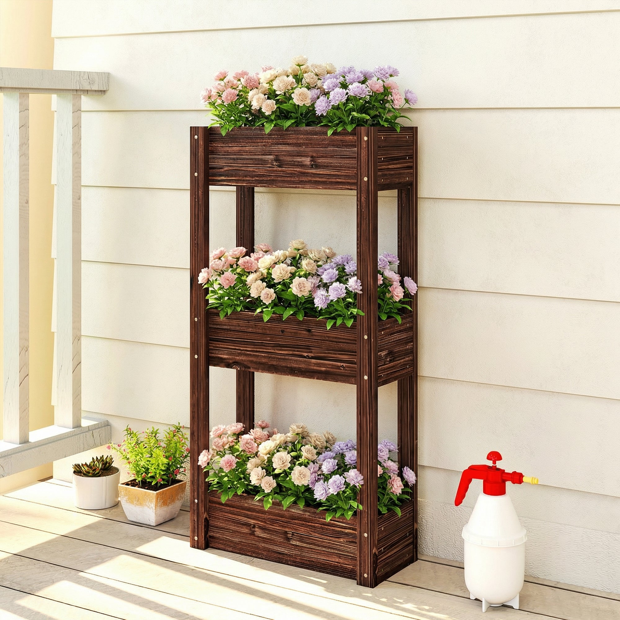 3-Tier Wooden Raised Garden Bed with Legs, 23.6" x 9.8" x 47.2" Elevated Planter Box with Drainage Holes and Bed Liner