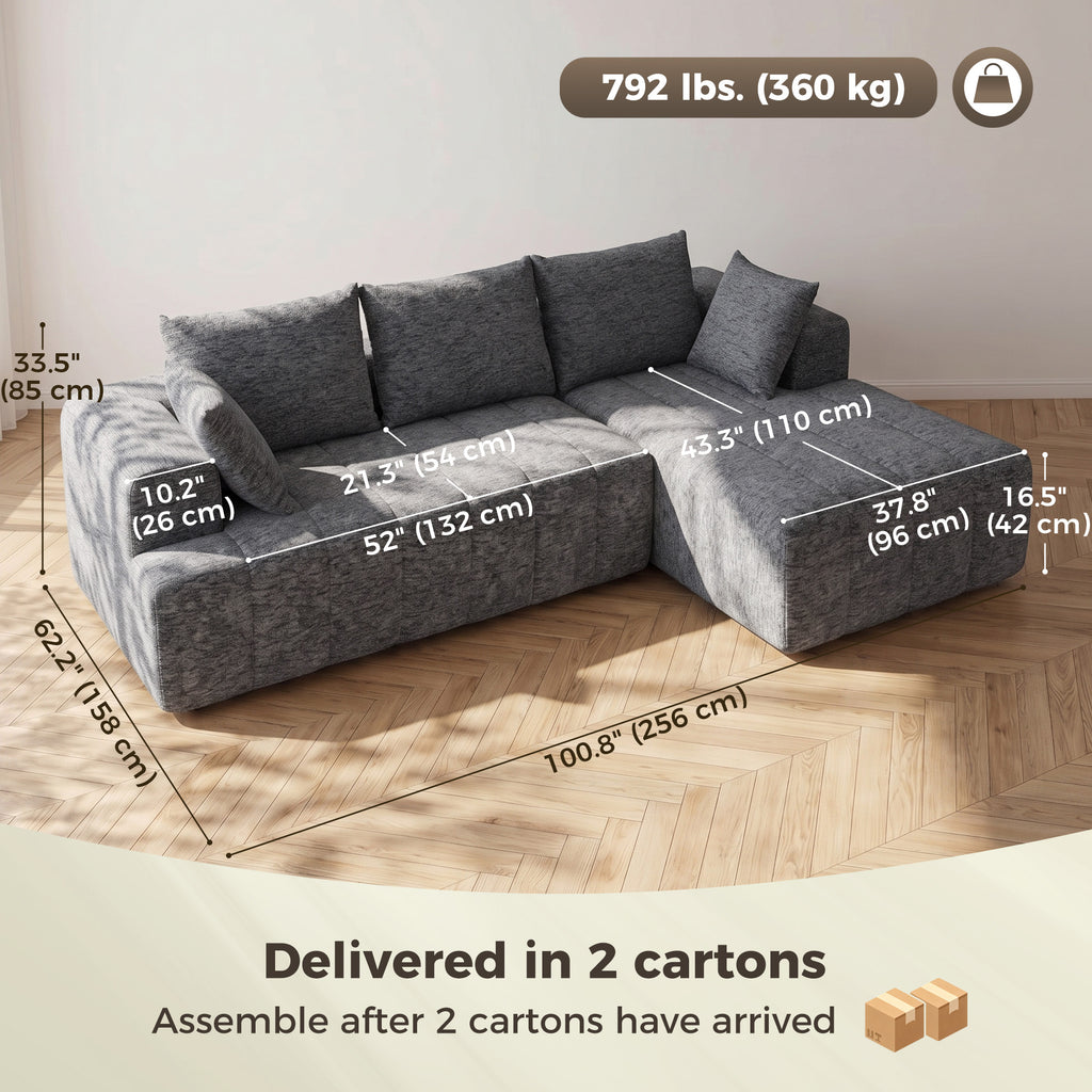 101" Modular Sectional Sofa with Chaise, Chenille Boneless Cloud Sofa Bed, 3 Seater L-Shaped Couch, No Assembly, Grey