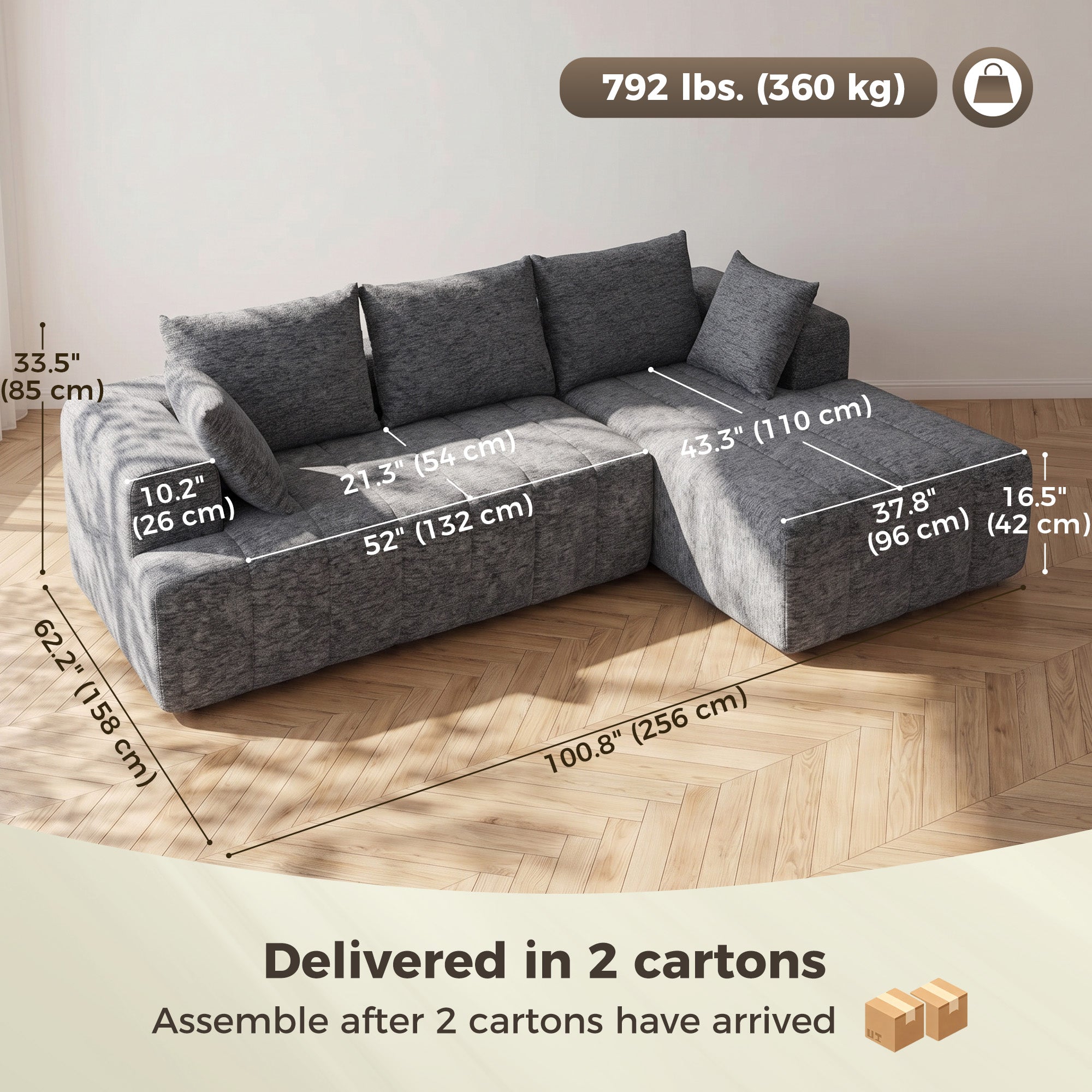 101" Modular Sectional Sofa with Chaise, Chenille Boneless Cloud Sofa Bed, 3 Seater L-Shaped Couch, No Assembly, Grey