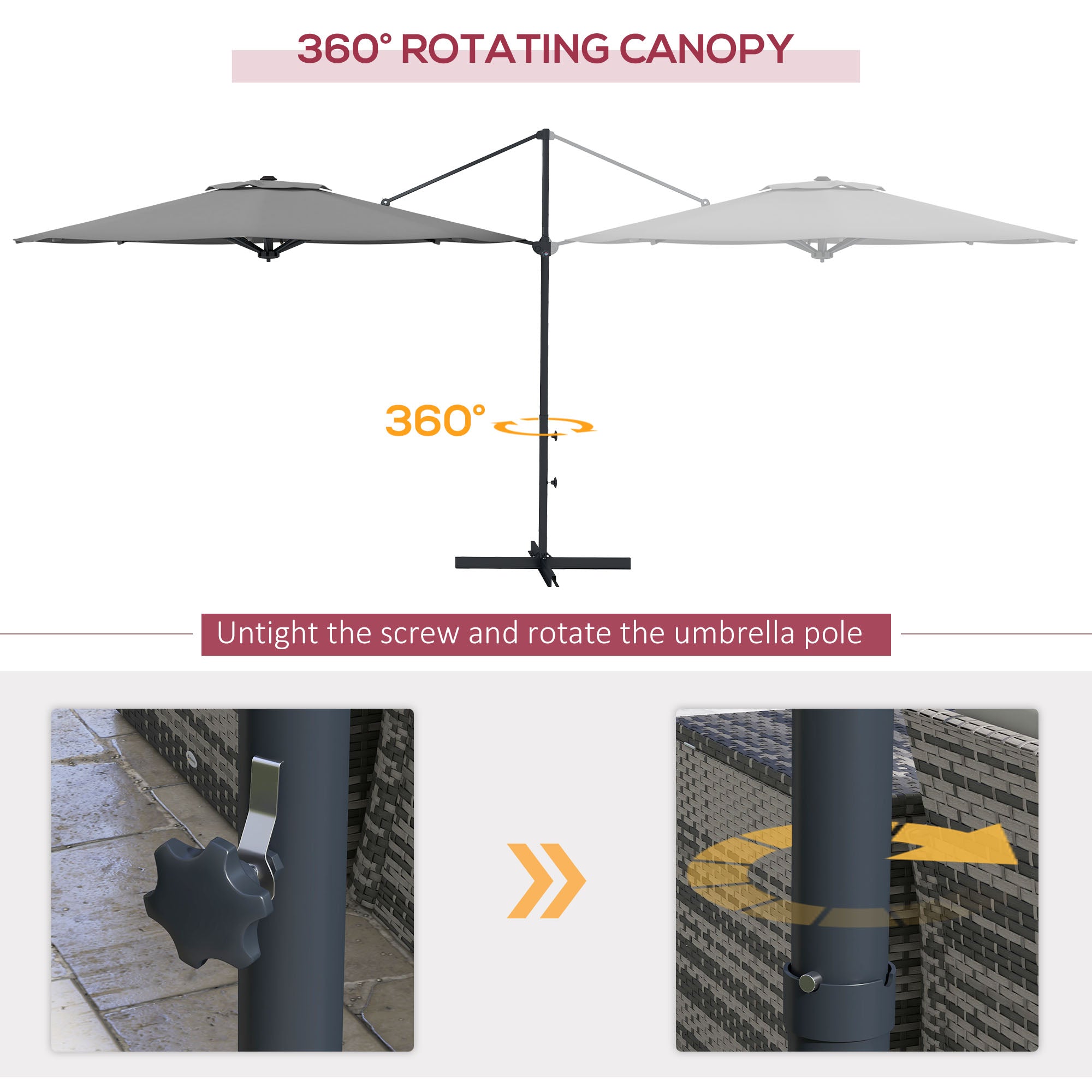 10 FT Cantilever Umbrella, Aluminum Hanging Offset Umbrella with 360Â°Rotation, Crank, Tilt, Cross Base, Grey