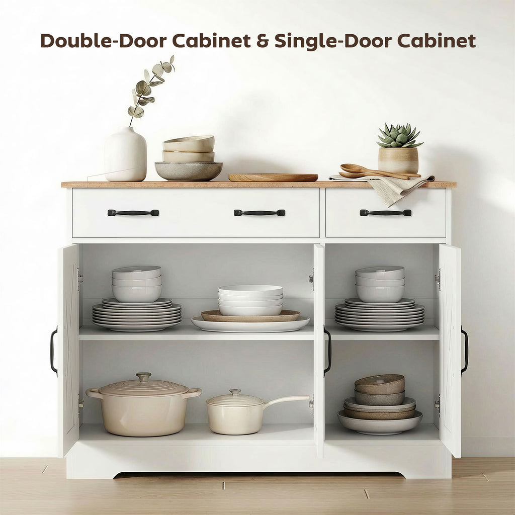 Sideboard Buffet Cabinet, 43" Farmhouse Kitchen Cabinet with 3 Barn Doors, 2 Drawers, 2 Adjustable Shelves, White