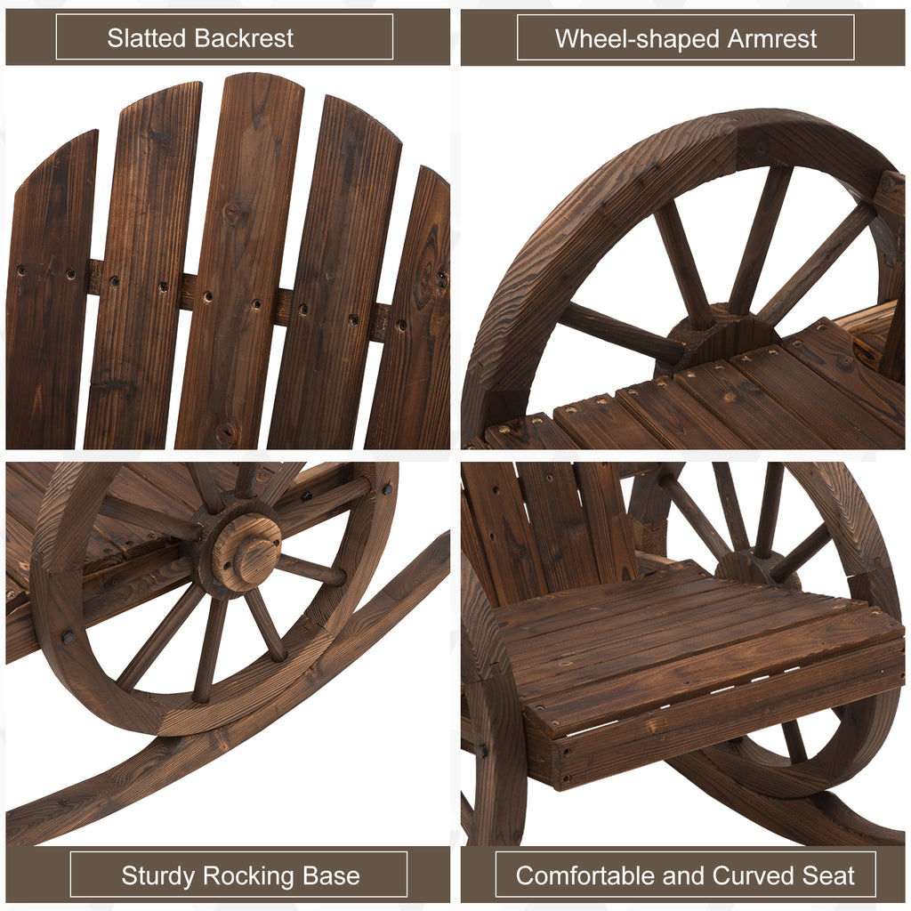 Patio Wooden Rocking Chair, Wagon Outdoor Rocker Chair with Slatted Design and Wheel Armrests for Garden, Carbonized