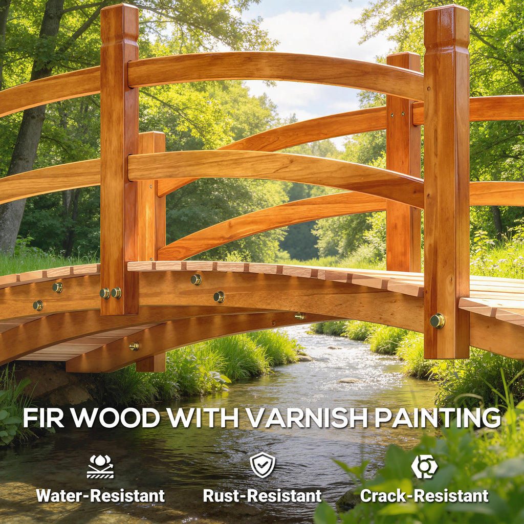 6FT Wooden Garden Bridge Classic Arc Footbridge with Guardrails for Stream Pond Walkway, Orange