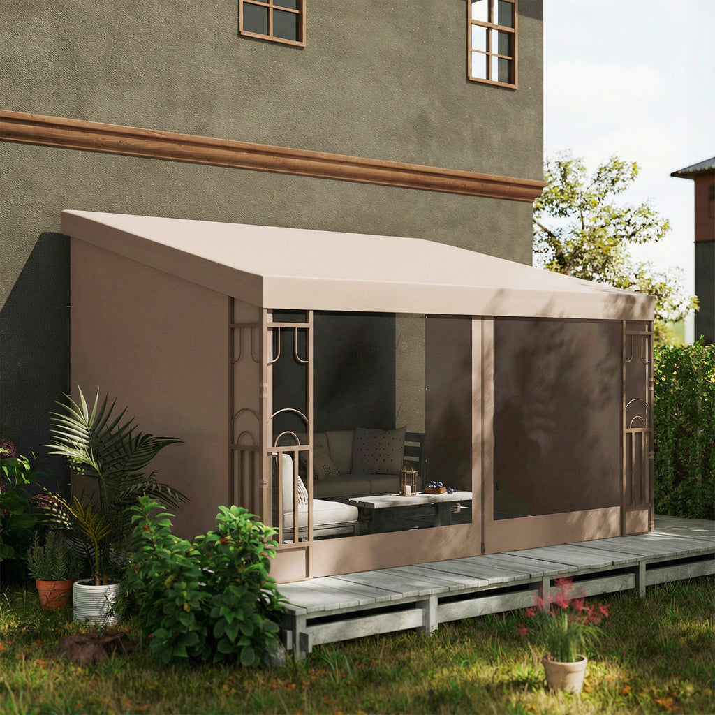 10' x 13' Wall Pergola, Outdoor Gazebo with 2 Curtains and 2 Nettings, UV Resistant, for Patio, Deck, Khaki