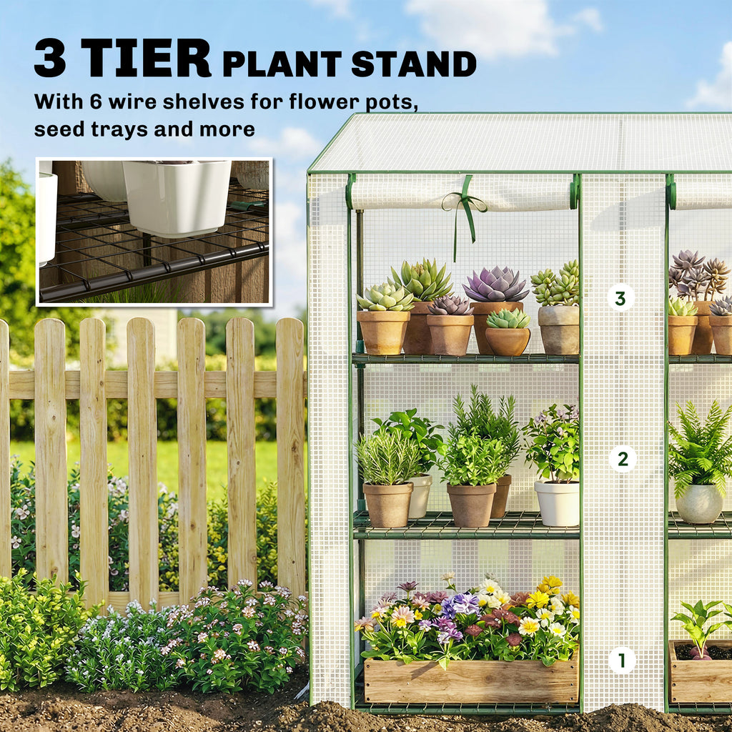 Portable Mini Greenhouse Green House with 3 Tier Shelves, Reinforced PE Cover, Roll-up Doors, 56.3"x18.1"x59.4", White