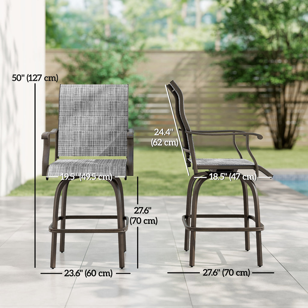 Outdoor Bar Stools Set of 2, Swivel Bar Height Chairs with High Back, Curved Armrests and Steel Frame, Mixed Grey