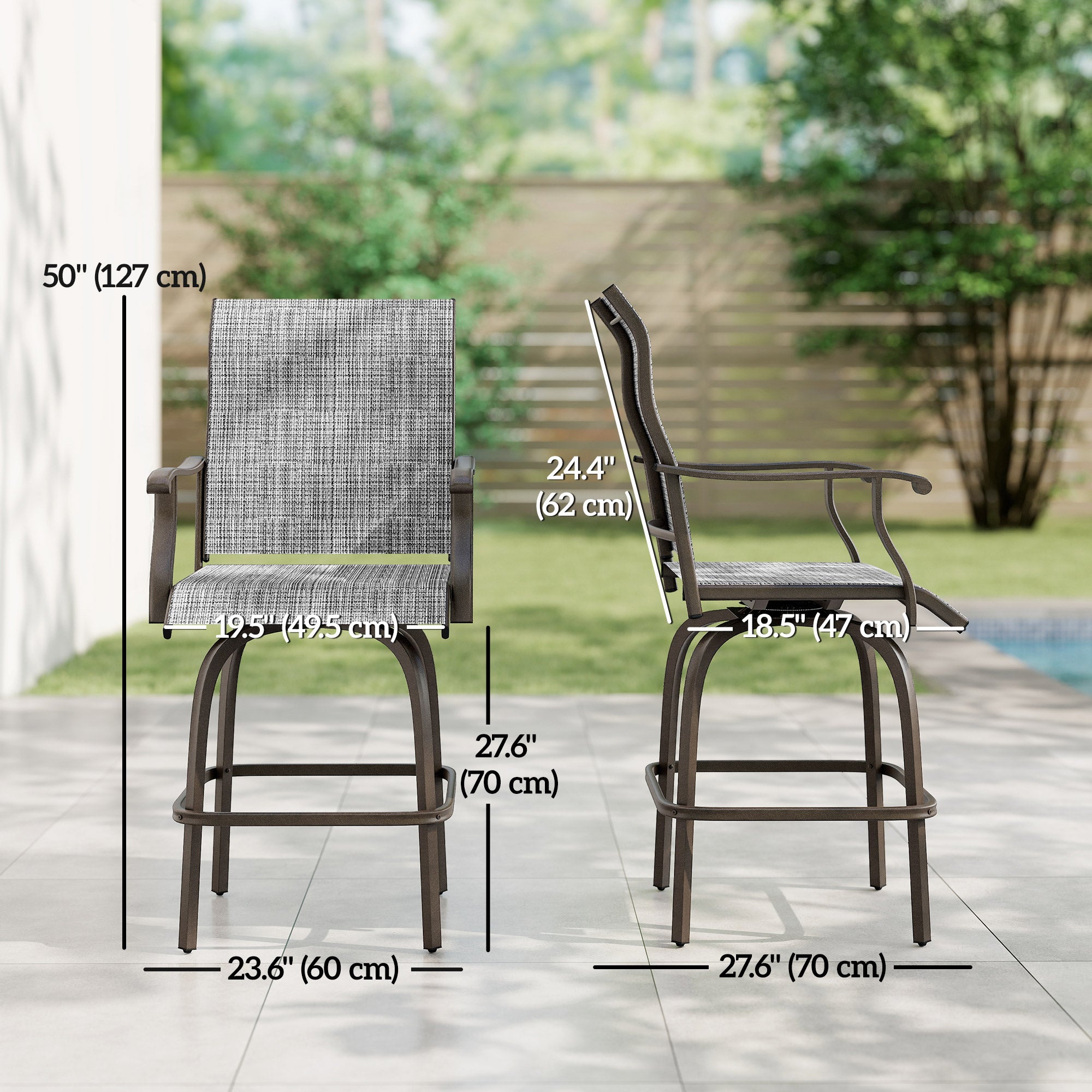 Outdoor Bar Stools Set of 2, Swivel Bar Height Chairs with High Back, Curved Armrests and Steel Frame, Mixed Grey